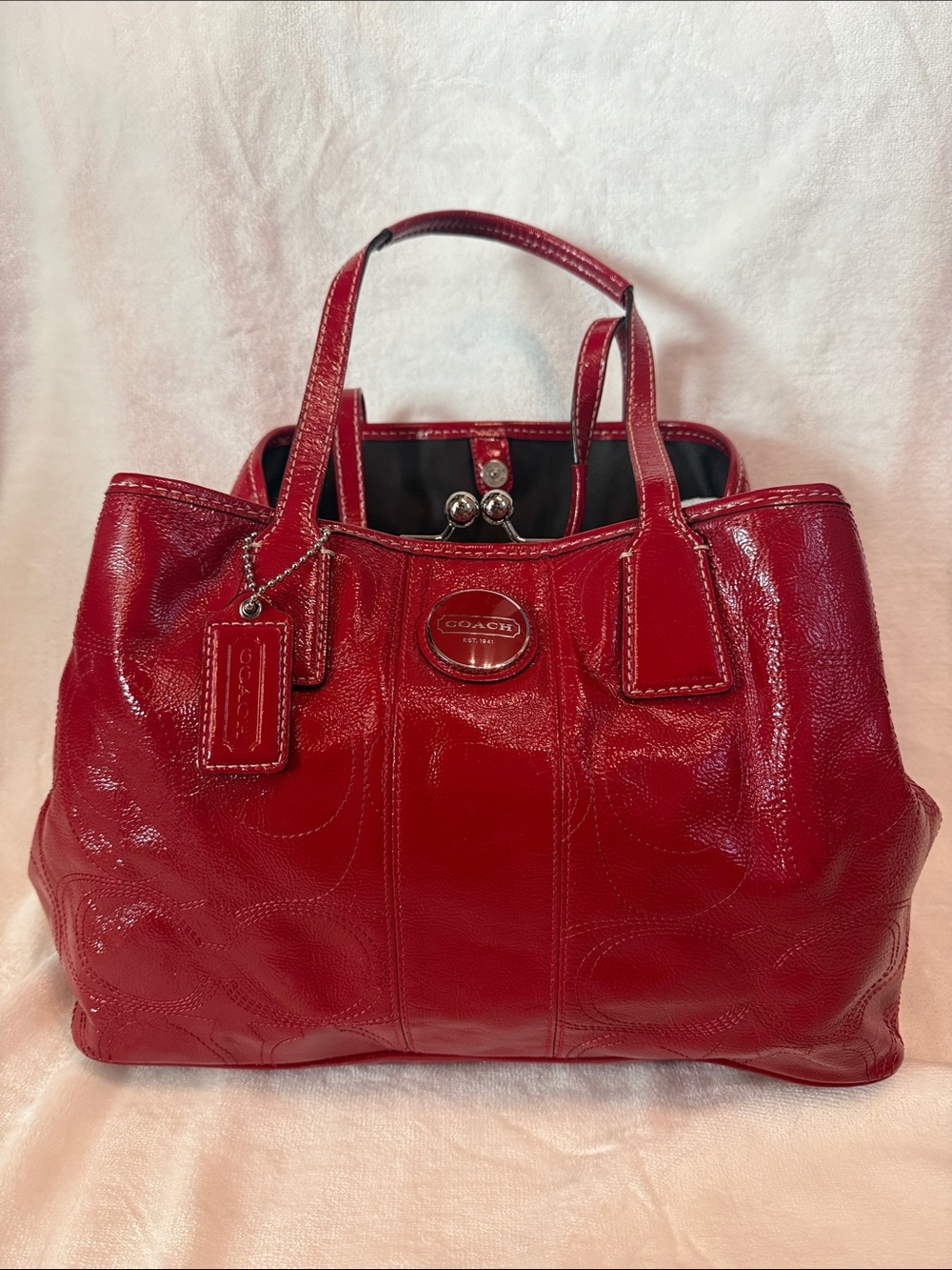 Coach Red Patent Signature Stitch Carryall